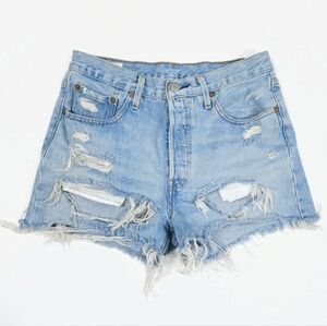 Levi's 501 Premium Big E Light Wash Distressed Denim Jean Shorts 27